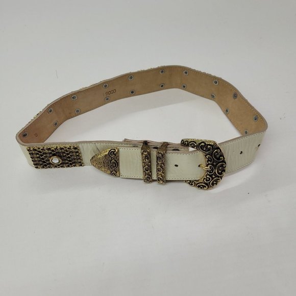 You‎ & Me Belt Womens Small Cream Leather Gold Rhinestone Western Made in USA - Picture 3 of 11